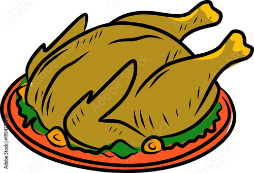 Chicken Design. Roasted Poultry Illustration Style. 