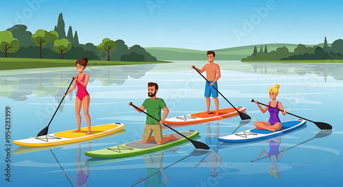 A group of people enjoying a relaxing paddleboard ride on a serene lake surrounded by lush greenery