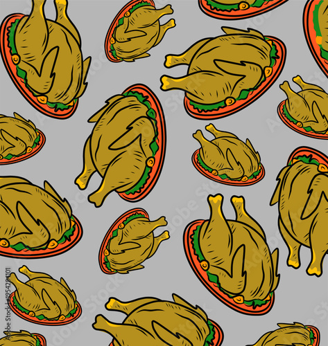 Chicken Seamless Pattern Design. Roasted Poultry Illustration Style. Repeating Whole Chicken Motif. Hand Drawn Food Pattern. Culinary Background For Packaging.