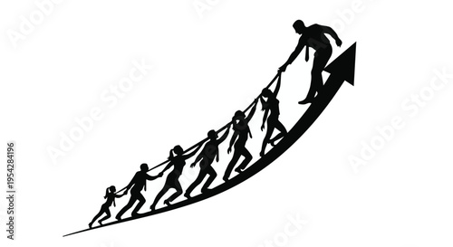 teamwork business growth success concept with silhouettes climbing up arrow