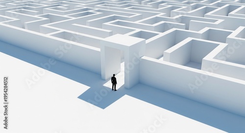 Man Standing at Entrance of White Maze, Facing Complex Labyrinth Paths, Symbolizing Business Challenge and Decision Making, 3D Render for Strategy Concepts