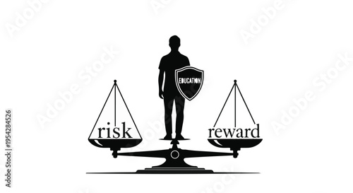 Businessman balancing risk and reward on scales with shield