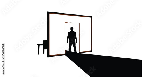 man stepping through doorway into bright light