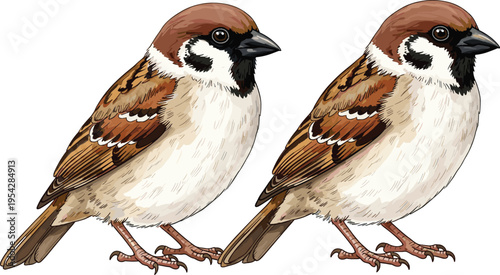 House sparrow bird illustration pair detailed wildlife vector showing small brown garden bird isolated natural animal drawing set