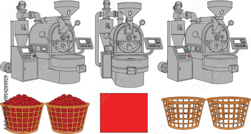Industrial coffee roasting machine process illustration with raw beans baskets, roasted beans baskets and commercial roaster equipment vector diagram concept