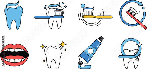 Dental Care and Oral Hygiene Icon Set with Tooth Brushing Flossing Toothpaste Clean Teeth and Mouth Vector Illustration for Healthcare and Dentistry Design