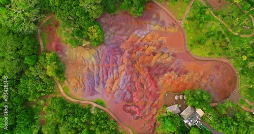 Aerial view of seven coloured earths on island Mauritius. Tourist attraction on island Mauritius
