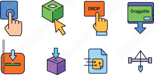 Drag and Drop Interaction Icons Set with Cursor Click Elements Draggable Objects File Transfer and UI Actions Vector Illustration for Web and App Design