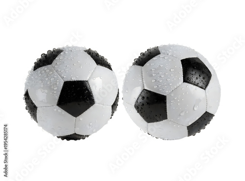 Two soccer balls with black and white panels on transparent background