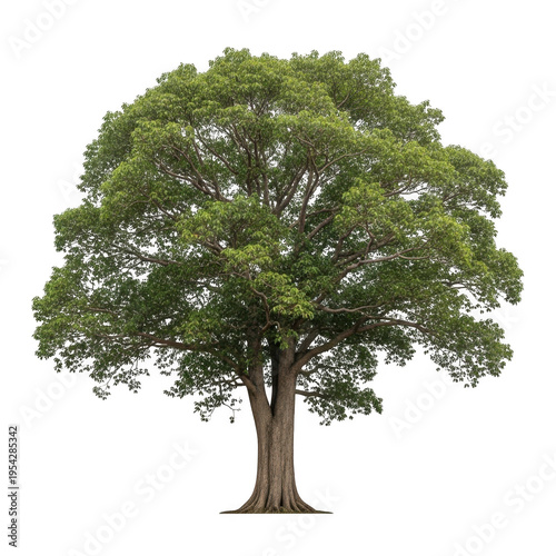 A large tree with a thick trunk and green leaves isolated on transparent background