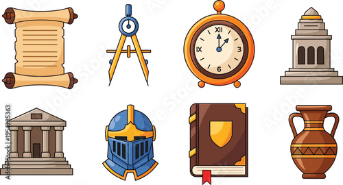 History and Education Icon Set with Ancient Scroll Compass Clock Temple Helmet Book and Pottery Vector Illustration for Learning and Cultural Heritage Design