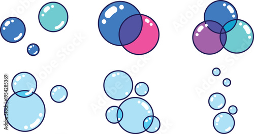 Glossy Transparent Bubble Set with Overlapping Circles Light Reflections and Colorful Soap Bubbles Vector Illustration for Backgrounds Decoration and Abstract Design