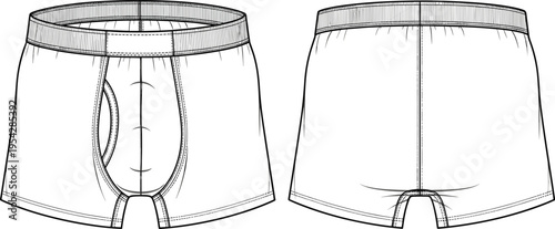 Men boxer briefs underwear technical drawing front and back view fashion apparel garment outline vector illustration template