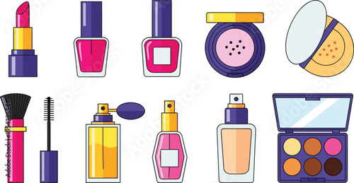 Makeup and Beauty Cosmetics Icon Set with Lipstick Nail Polish Powder Compact Perfume Mascara and Eyeshadow Palette Vector Illustration for Fashion and Skincare Design