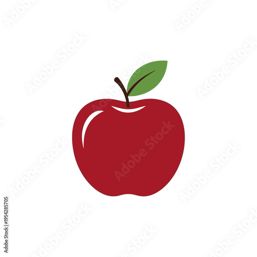A vibrant, crisp red apple with a single green leaf and stem, symbolizing health and nutrition, isolated on a clean white background