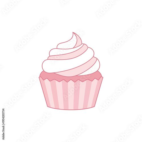 Pink frosted cupcake illustration with striped wrapper on a white background - a sweet treat icon