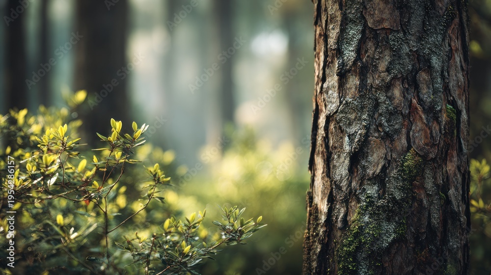 Obraz premium A detailed view of a pine tree in a forest setting with sunlight background