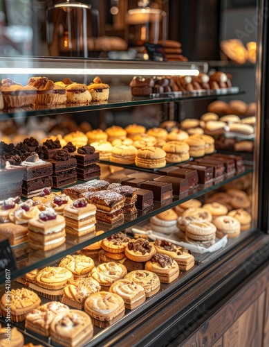 A tempting display of freshly baked pastries and cakes in a bakery showcase.