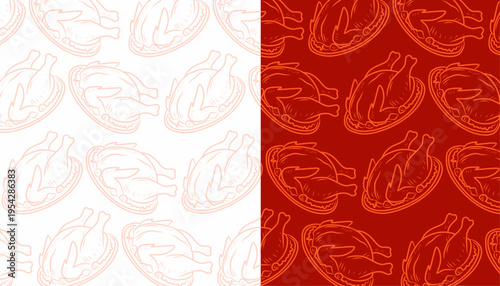 Chicken Seamless Pattern Design. Roasted Poultry Illustration Style. Repeating Whole Chicken Motif. Hand Drawn Food Pattern. Culinary Background For Packaging.