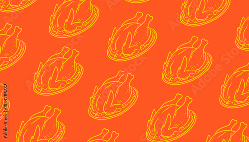 Chicken Seamless Pattern Design. Roasted Poultry Illustration Style. Repeating Whole Chicken Motif. Hand Drawn Food Pattern. Culinary Background For Packaging.