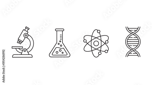 Science Icons Set Line Outline Including Microscope Atom DNA Beaker for Education Research and Laboratory Design