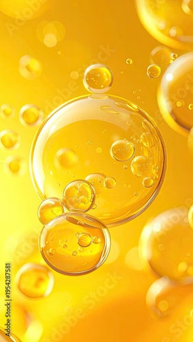 Close-up view of golden liquid bubbles and spheres with refraction and bokeh.