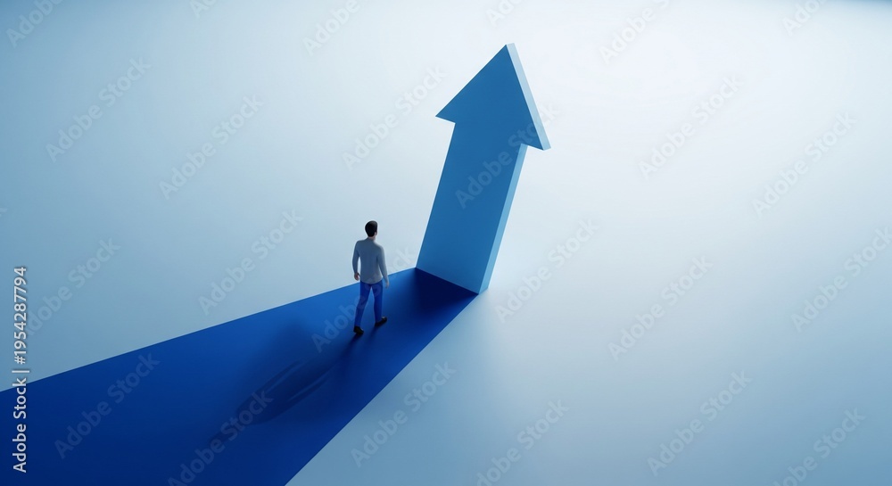 Obraz premium Man Standing on Blue Arrow Path Leading Upwards Towards Light, Representing Growth and Success, 3D Render