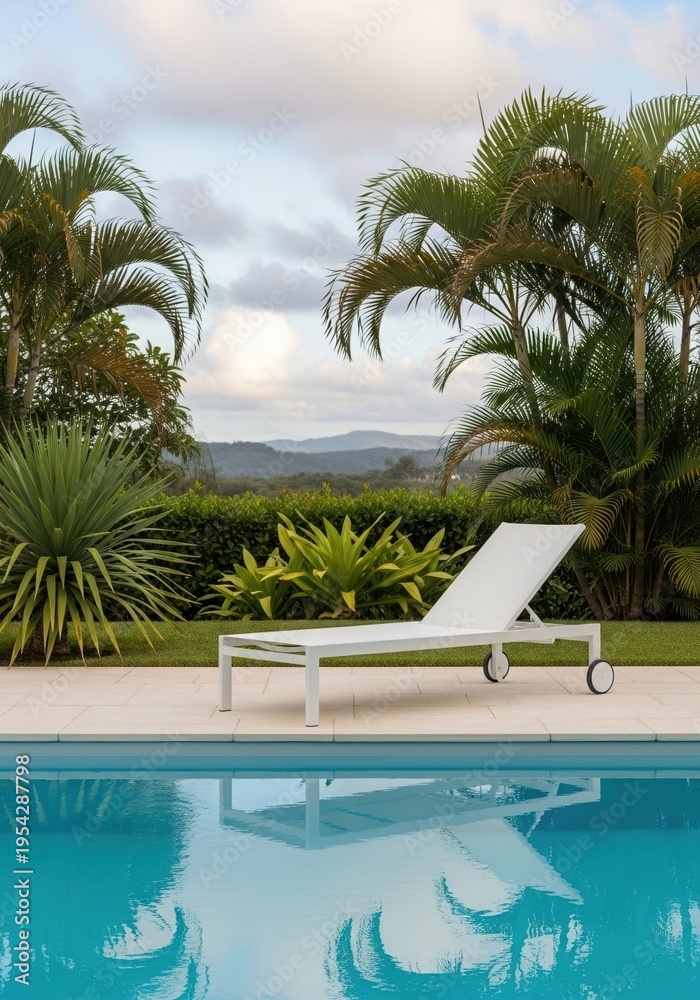 Fototapeta premium Minimalist white lounge chair near swimming pool surrounded by tropical palm trees and garden plants, calm water reflection, luxury resort atmosphere, mountains and cloudy sky in background, travel an