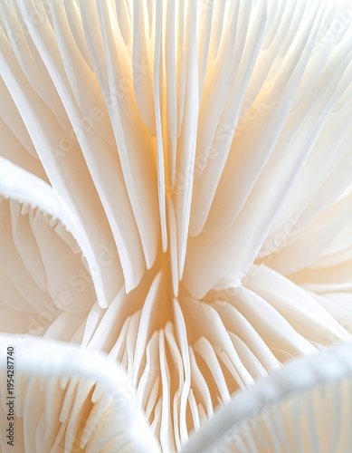 Macro photograph of the gills of a white mushroom.