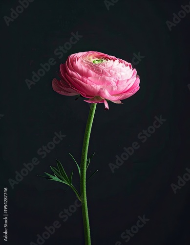 A single pink ranunculus flower against a dark background.