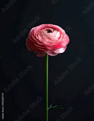 A delicate pink ranunculus flower with tightly layered petals stands tall against a dark background.