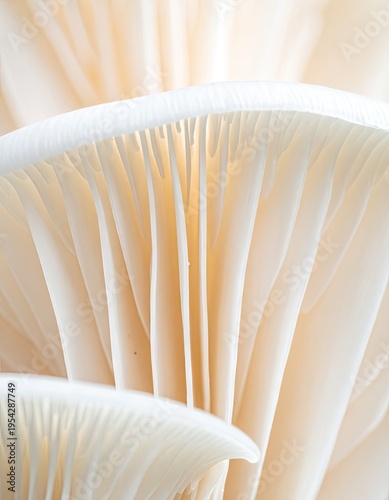 A detailed macro photograph showcases the delicate gills of a white oyster mushroom.