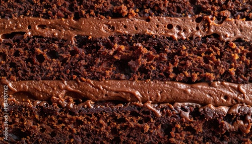 A close-up macro shot reveals the rich, layered texture of a chocolate cake.