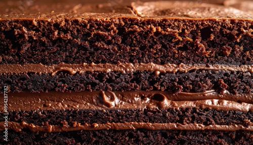 A close-up view of a rich, layered chocolate cake with creamy frosting.