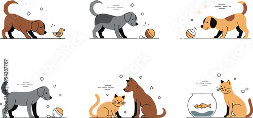 Cute pets interaction set with dogs and cats playing, friendship scenes collection with ball bird and fish bowl cartoon vector illustration