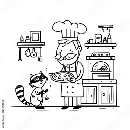 Chef Holding Pizza with Raccoon in Kitchen