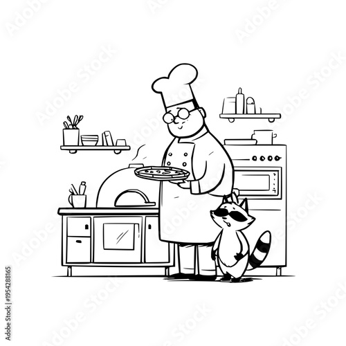 Smiling Chef Holding Pizza in Kitchen with Raccoon