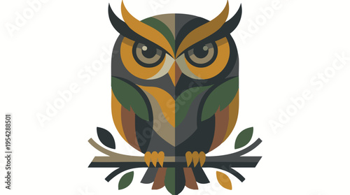 Owl Geometric Flat Vector Illustration Perched on a Forest Branch