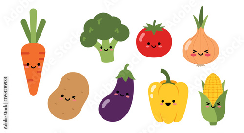 Playful vegetable patch illustration featuring cute cartoon produce characters beaming cheerfully
