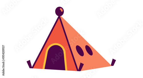 Playful tent graphic with geometric elements in vibrant retro color scheme for campgrounds