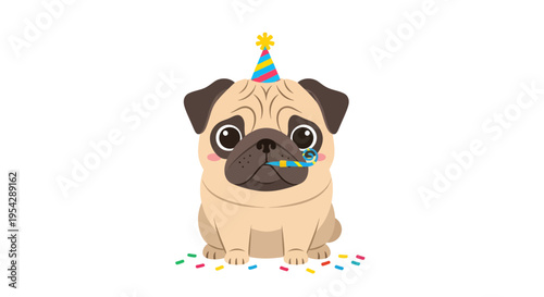 Pug dog with party hat illustration, vector style graphic, birthday celebration image