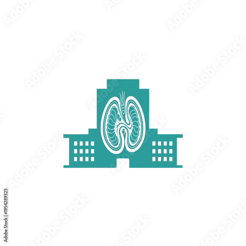Minimalist architectural illustration of a modern hospital building with lungs graphic design representing a respiratory medical research facility