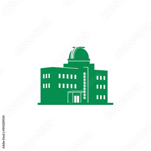 Minimalist green observatory building icon representing scientific research, astronomical observation, and environmental data collection architecture