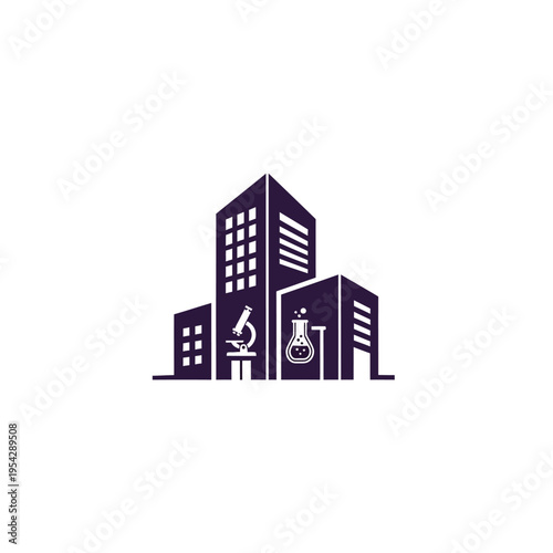 Minimalist chemical hazard research building with laboratory equipment icons