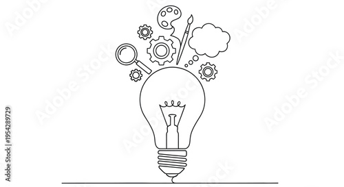 A single line drawing of a lightbulb filled with creative tools and gears