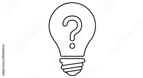 A simple line drawing of a lightbulb containing a question mark inside
