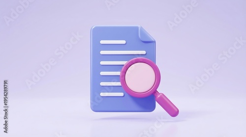 A 3D illustration of a document with a magnifying glass on a purple background