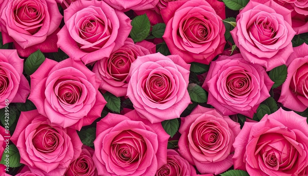 Obraz premium A vibrant and detailed macro view of numerous blooming pink roses with lush green leaves, creating a rich, floral tapestry.