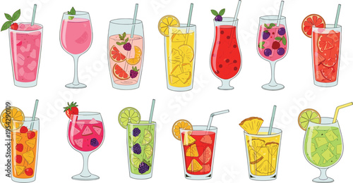 Refreshing Cocktail Set with Colorful Drinks, Fruit Garnishes, and Ice Cubes