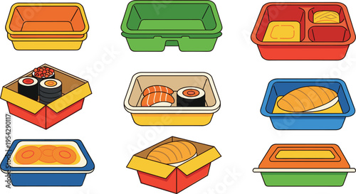 Food Packaging Containers Icons Set with Takeaway Boxes Meal Trays Sushi Boxes and Plastic Food Containers Vector Illustration for Delivery and Catering Design